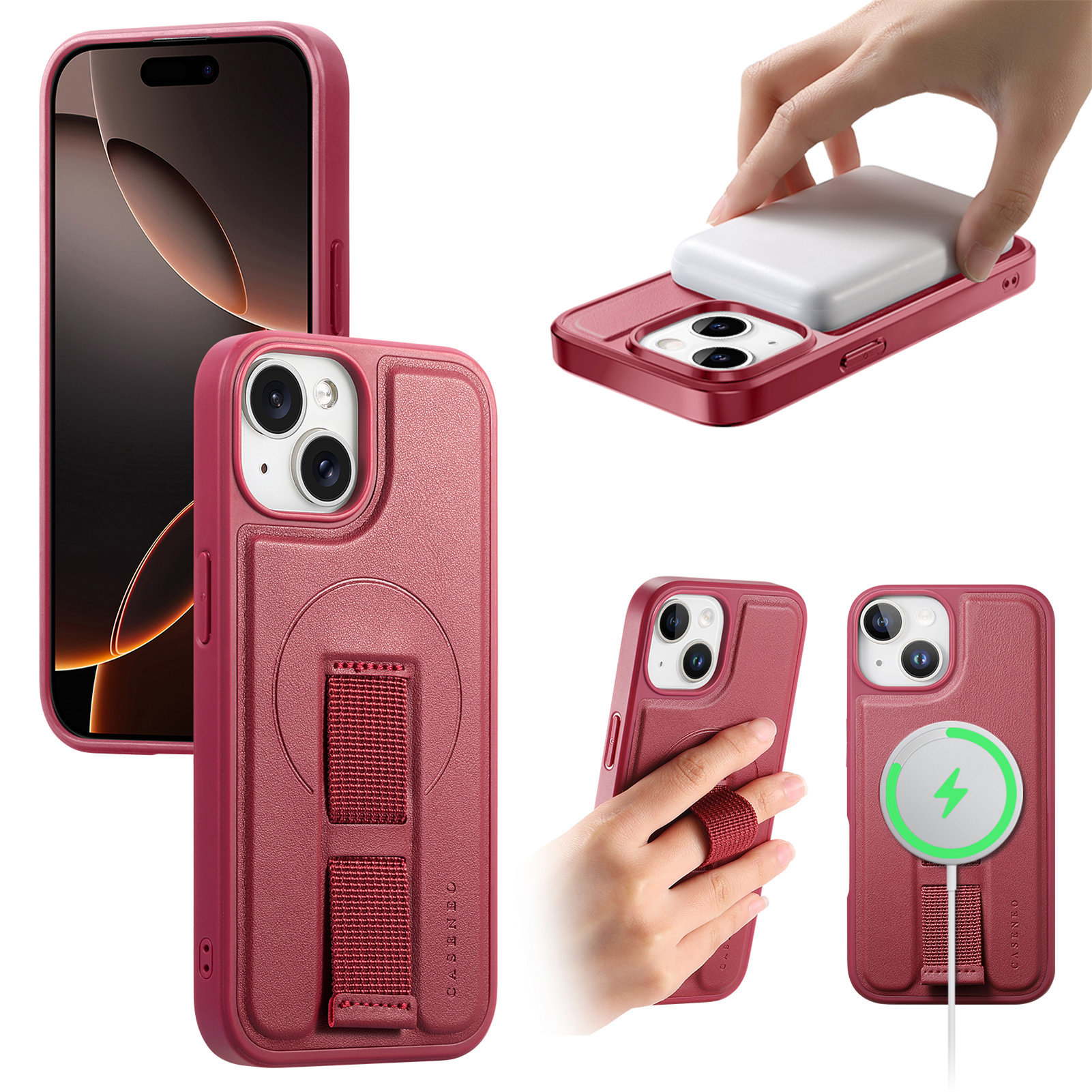 For iPhone 15 Plus / iPhone 14 Plus Magnetic Case CASENEO Wristband PU Leather + PC Shockproof Phone Cover - Red