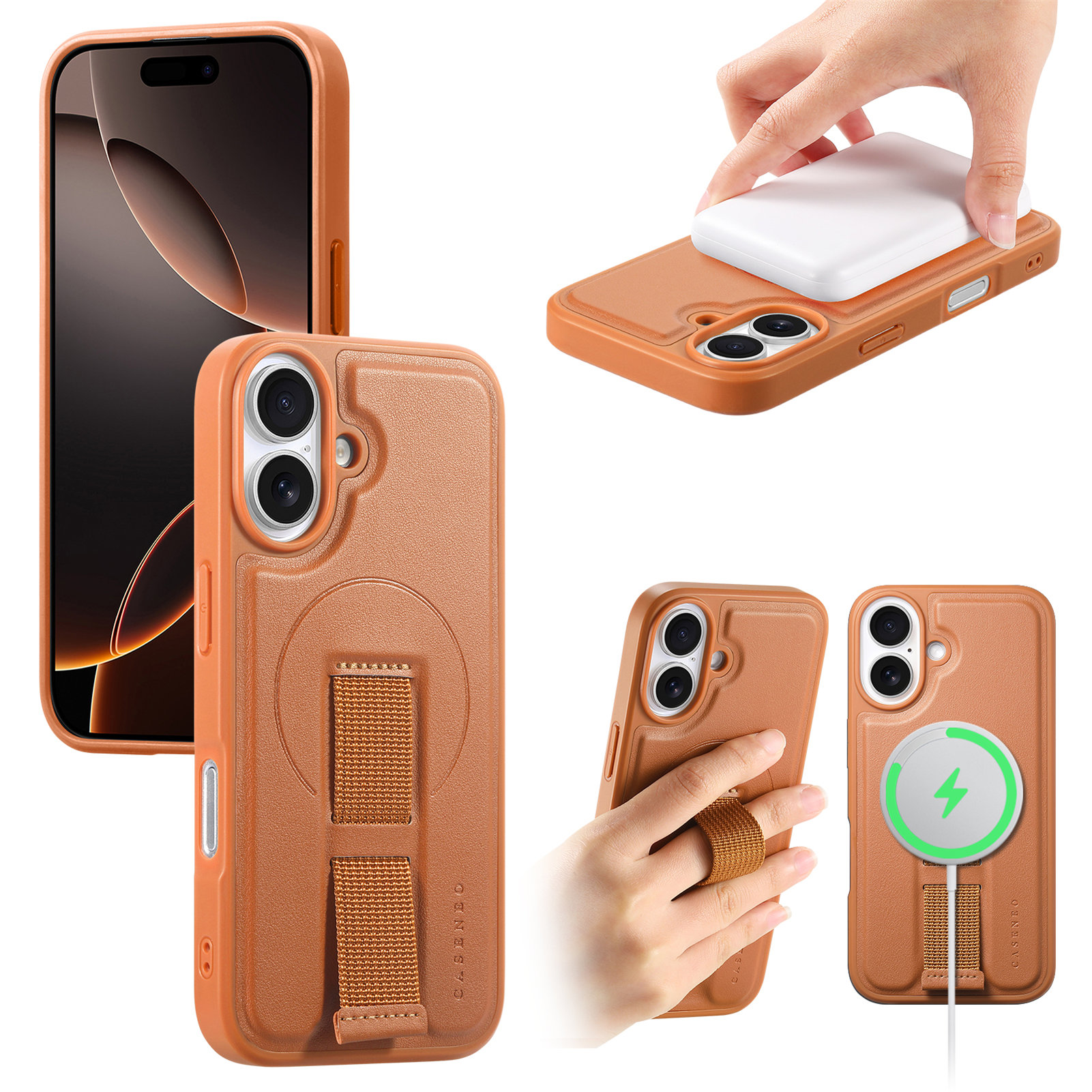 For iPhone 16 Plus Magnetic Case CASENEO Wristband PU Leather + PC Shockproof Phone Cover - Brown