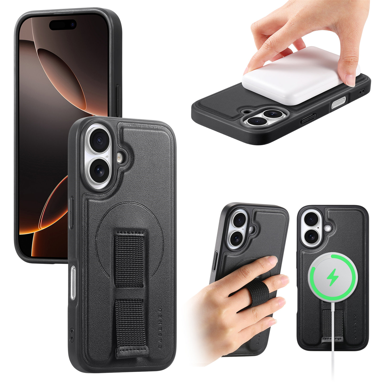 For iPhone 16 Plus Magnetic Case CASENEO Wristband PU Leather + PC Shockproof Phone Cover - Black