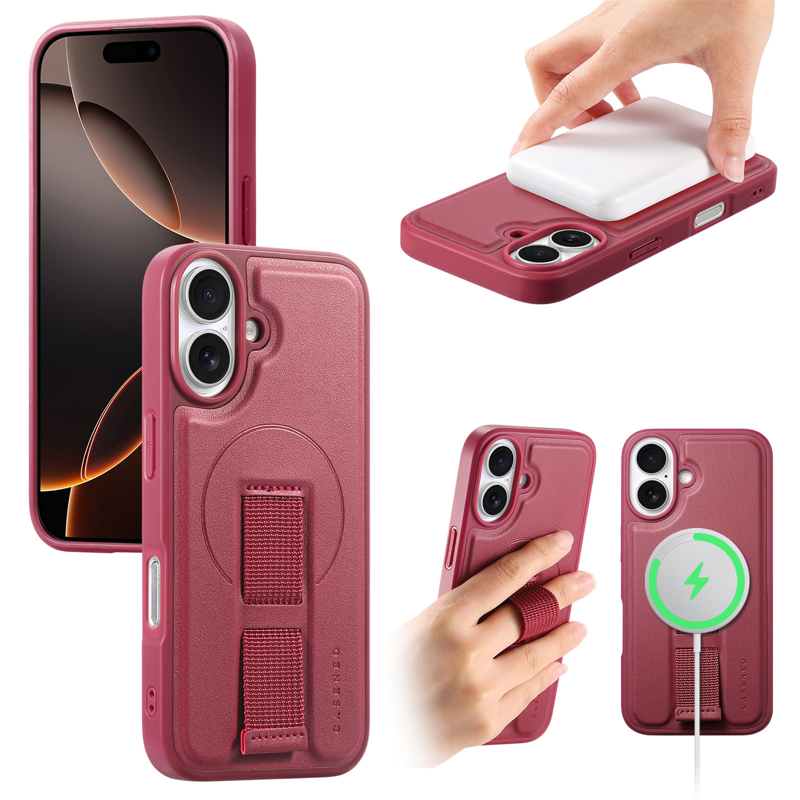 For iPhone 16 Plus Magnetic Case CASENEO Wristband PU Leather + PC Shockproof Phone Cover - Red