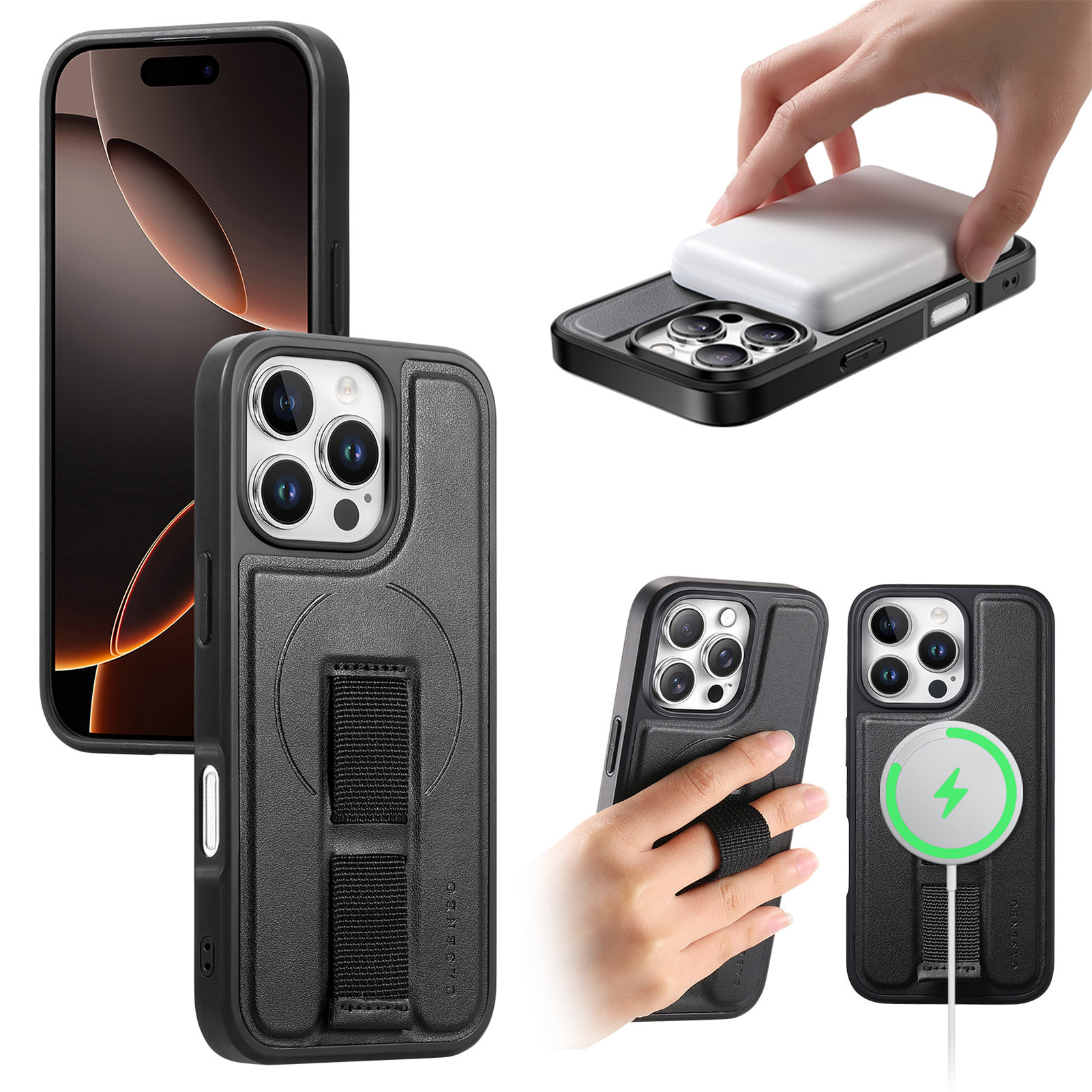 For iPhone 16 Pro Max Magnetic Case CASENEO Wristband PU Leather + PC Shockproof Phone Cover - Black