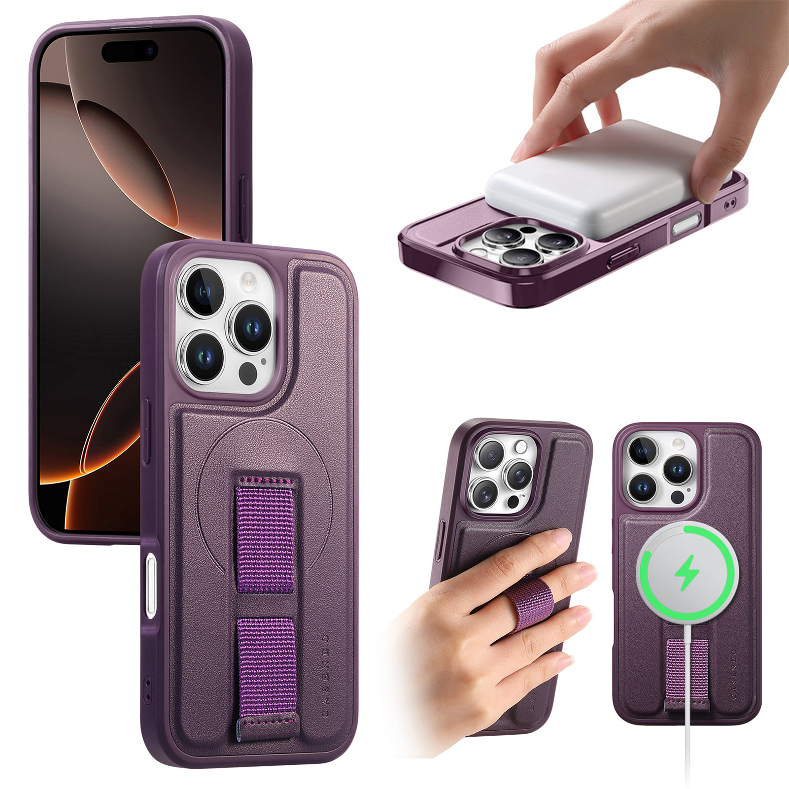 For iPhone 16 Pro Max Magnetic Case CASENEO Wristband PU Leather + PC Shockproof Phone Cover - Purple
