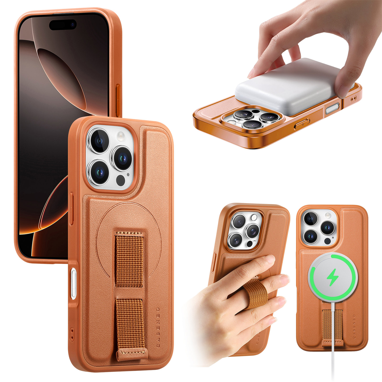 For iPhone 16 Pro Magnetic Case CASENEO Wristband PU Leather + PC Shockproof Phone Cover - Brown