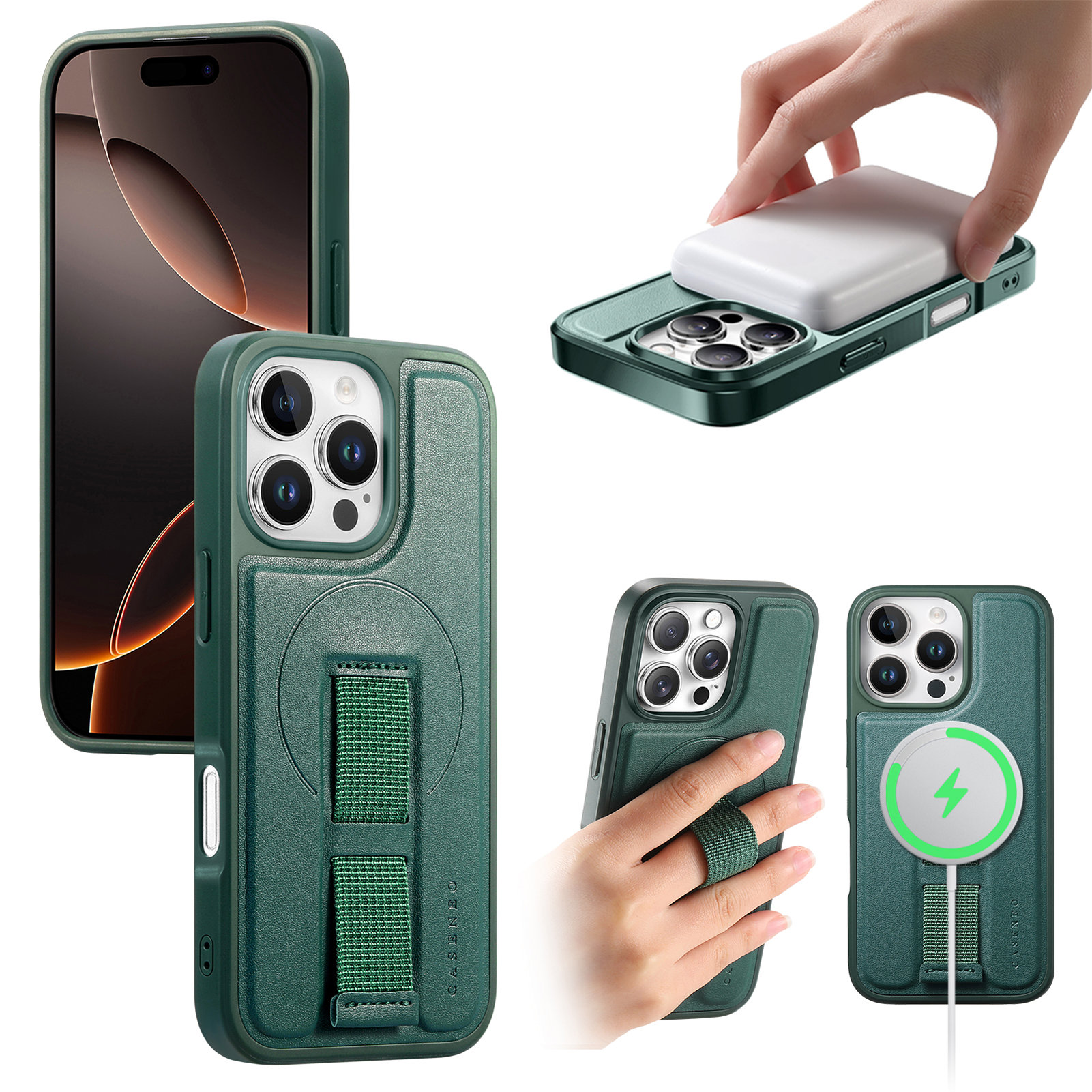 For iPhone 16 Pro Magnetic Case CASENEO Wristband PU Leather + PC Shockproof Phone Cover - Green