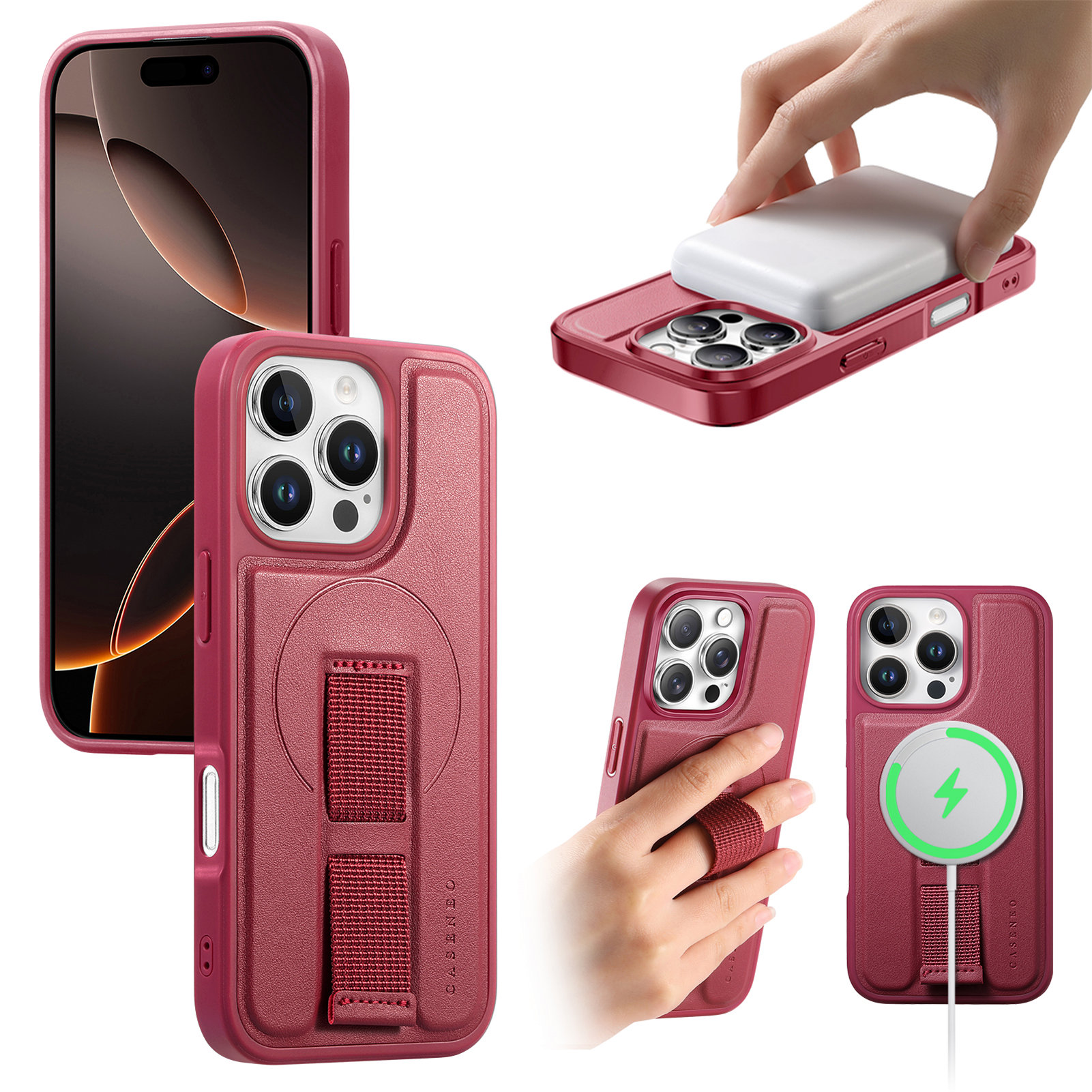 For iPhone 16 Pro Magnetic Case CASENEO Wristband PU Leather + PC Shockproof Phone Cover - Red