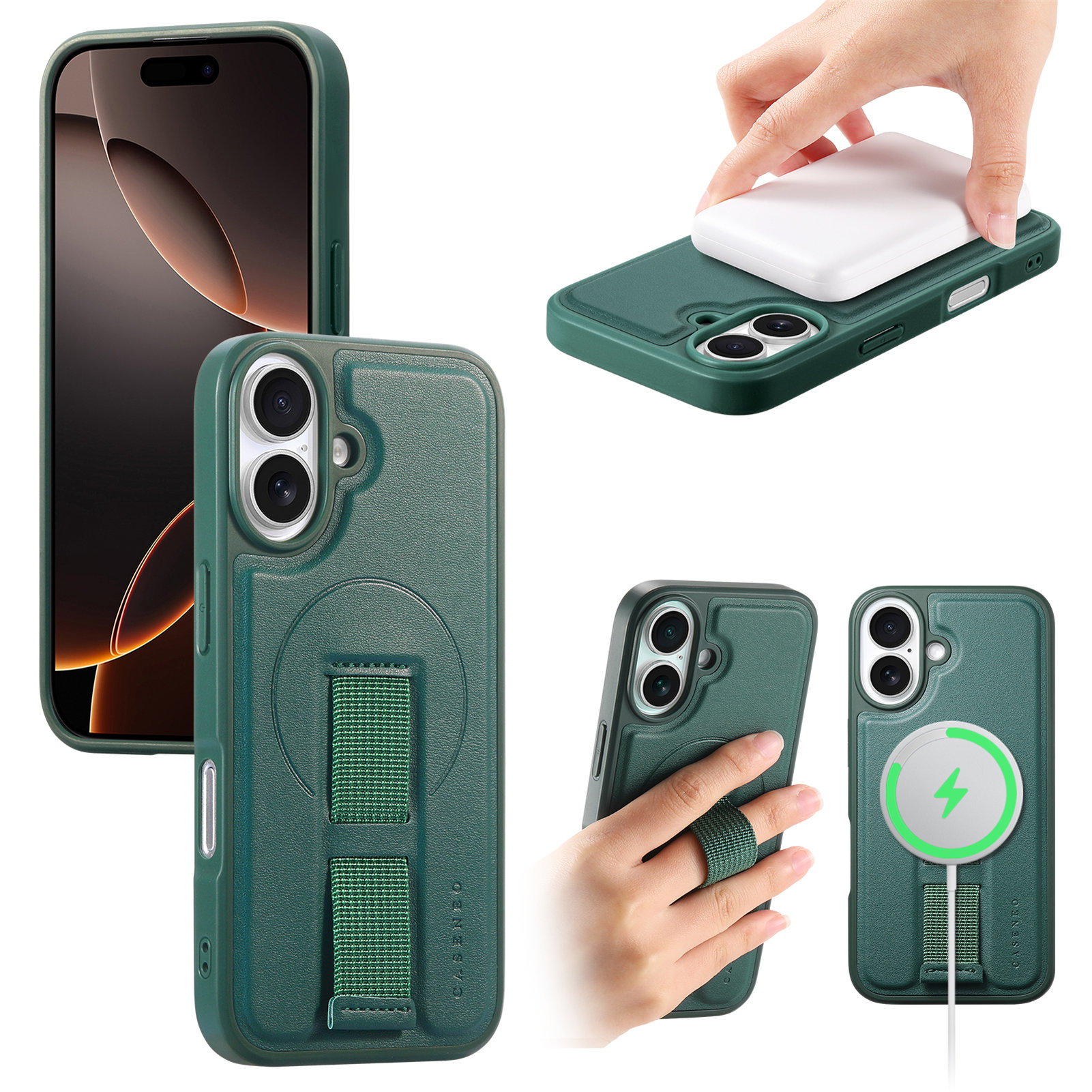For iPhone 16 Magnetic Case CASENEO Wristband PU Leather + PC Shockproof Phone Cover - Green