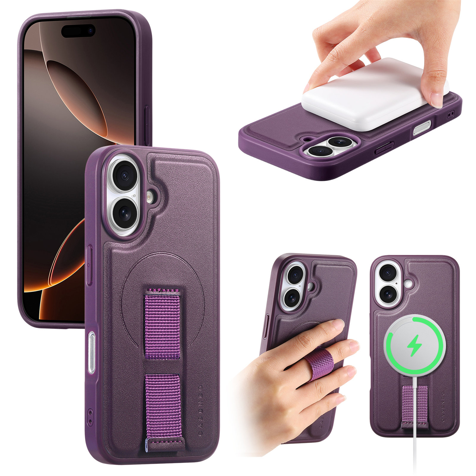 For iPhone 16 Magnetic Case CASENEO Wristband PU Leather + PC Shockproof Phone Cover - Purple