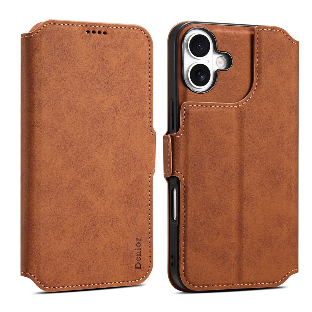 DENIOR B06 For iPhone 16 Plus Case Magnetic Detachable Wallet Stand Leather + TPU Phone Cover - Brown