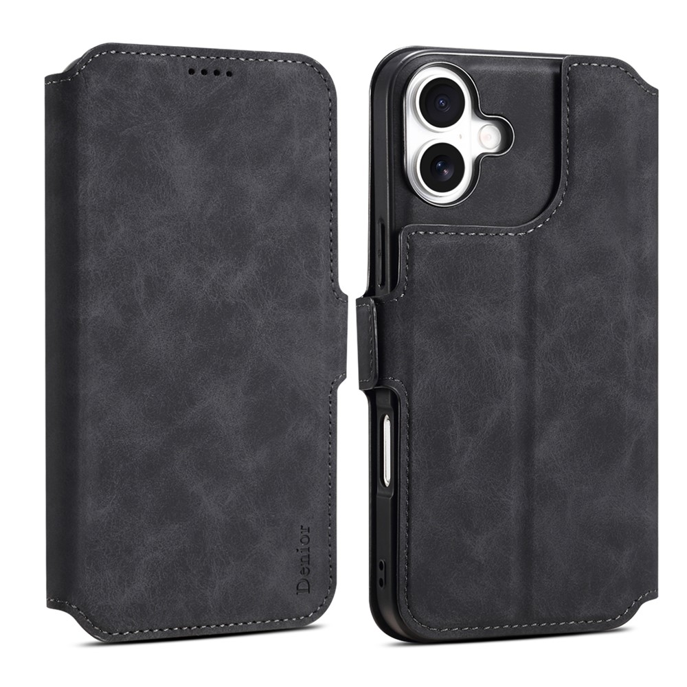 DENIOR B06 For iPhone 16 Plus Case Magnetic Detachable Wallet Stand Leather + TPU Phone Cover - Black
