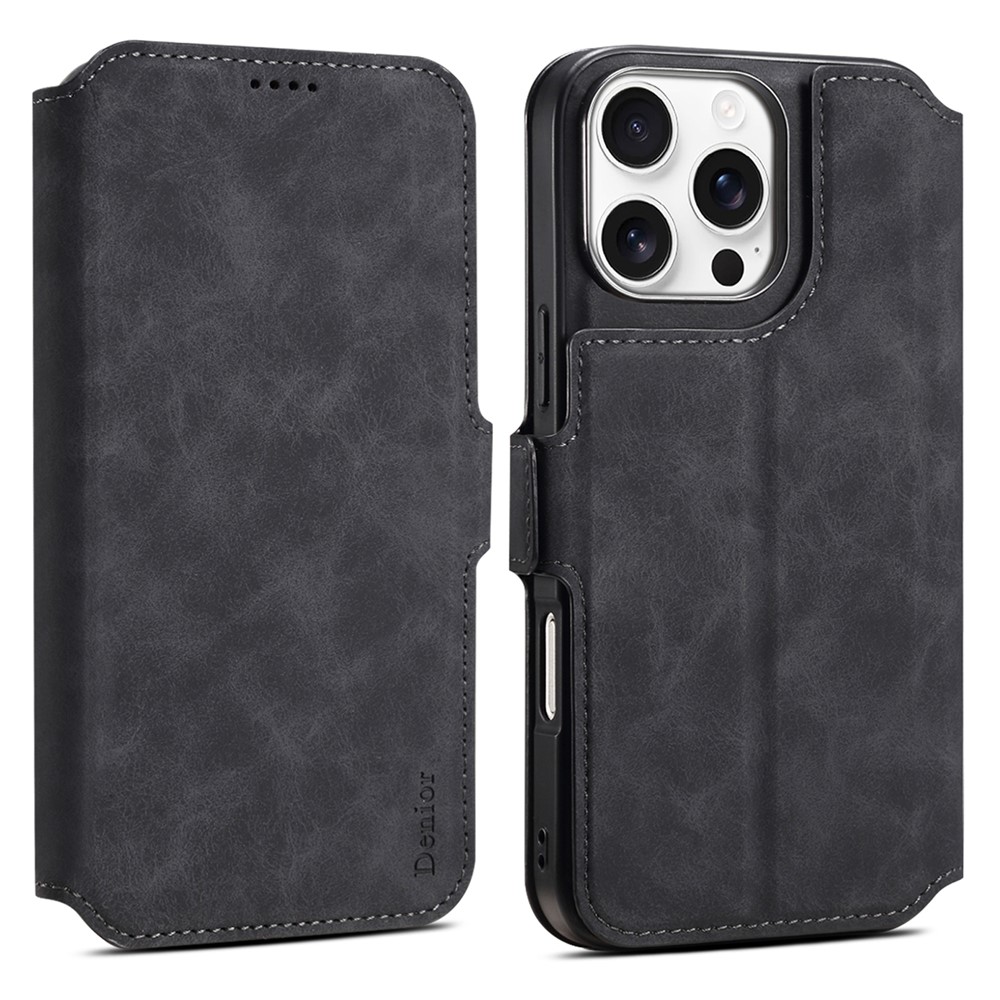 DENIOR B06 For iPhone 16 Pro Max Case Magnetic Detachable Wallet Stand Leather + TPU Phone Cover - Black