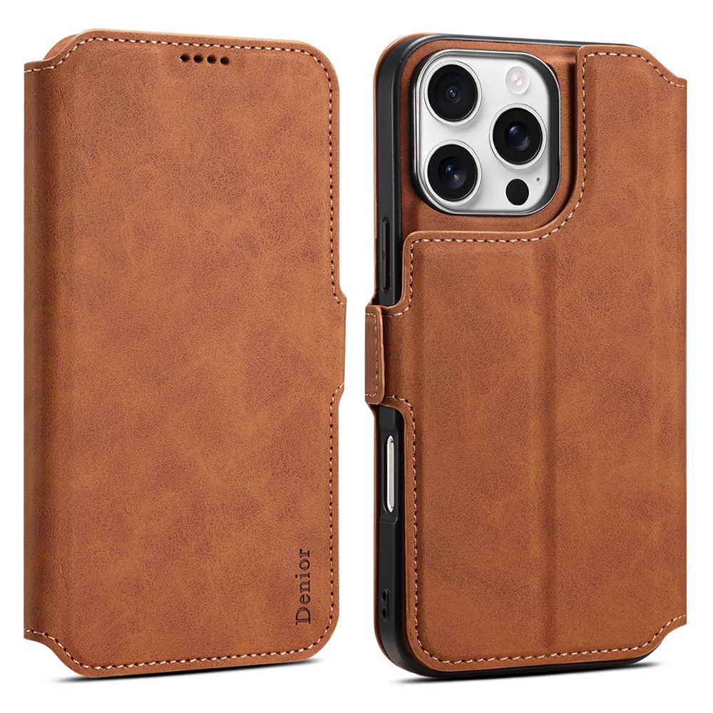 DENIOR B06 For iPhone 16 Pro Max Case Magnetic Detachable Wallet Stand Leather + TPU Phone Cover - Brown