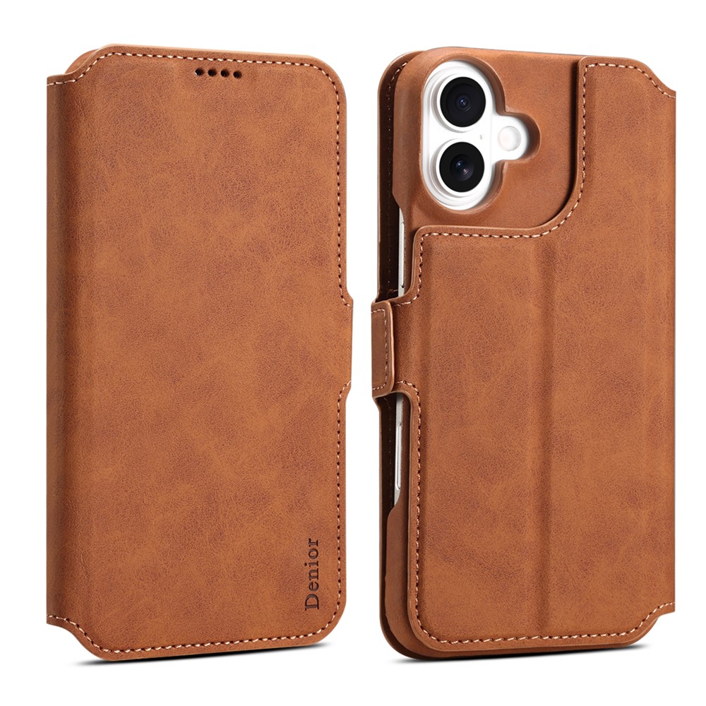 DENIOR B07 For iPhone 16 Plus Case Leather + PC Magnetic Detachable Wallet Phone Cover - Brown