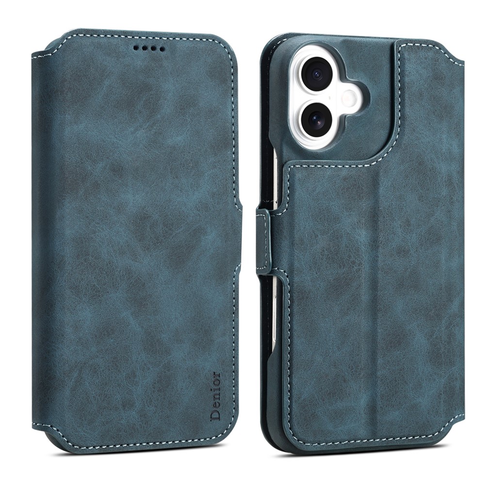 DENIOR B07 For iPhone 16 Plus Case Leather + PC Magnetic Detachable Wallet Phone Cover - Blue