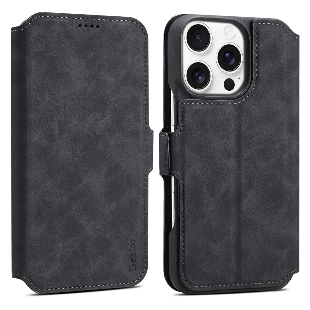 DENIOR B07 For iPhone 16 Pro Max Case Leather + PC Magnetic Detachable Wallet Phone Cover - Black