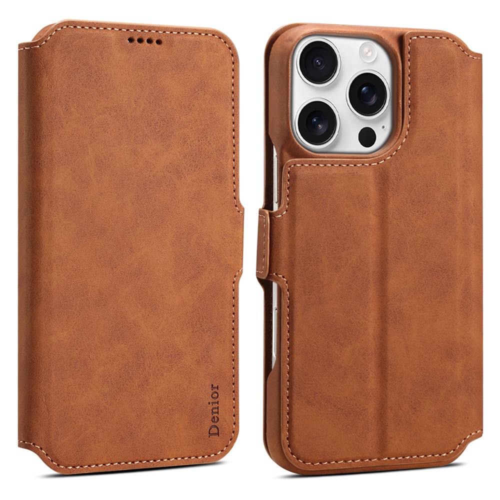 DENIOR B07 For iPhone 16 Pro Max Case Leather + PC Magnetic Detachable Wallet Phone Cover - Brown