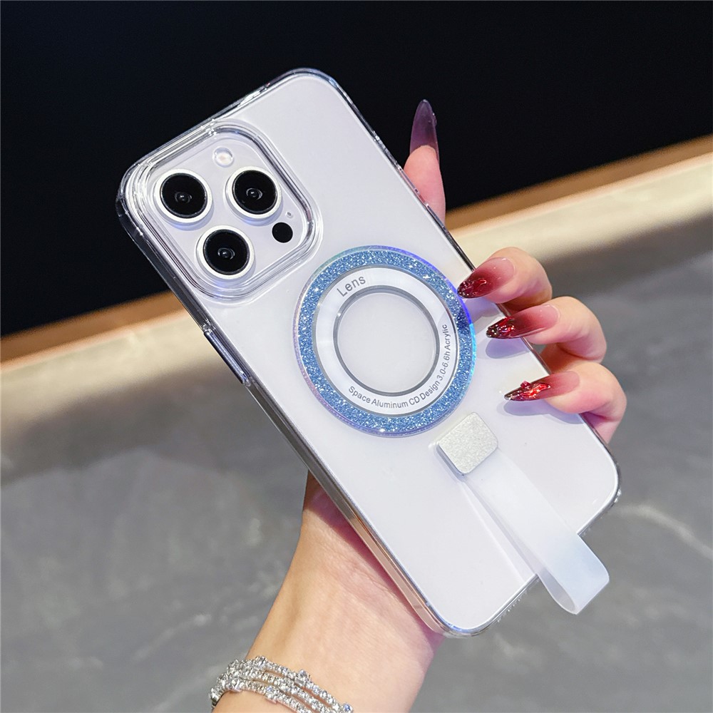 For iPhone 15 Pro Magnetic Case with Handheld Strap Laser Glitter Clear PC Phone Cover - Blue