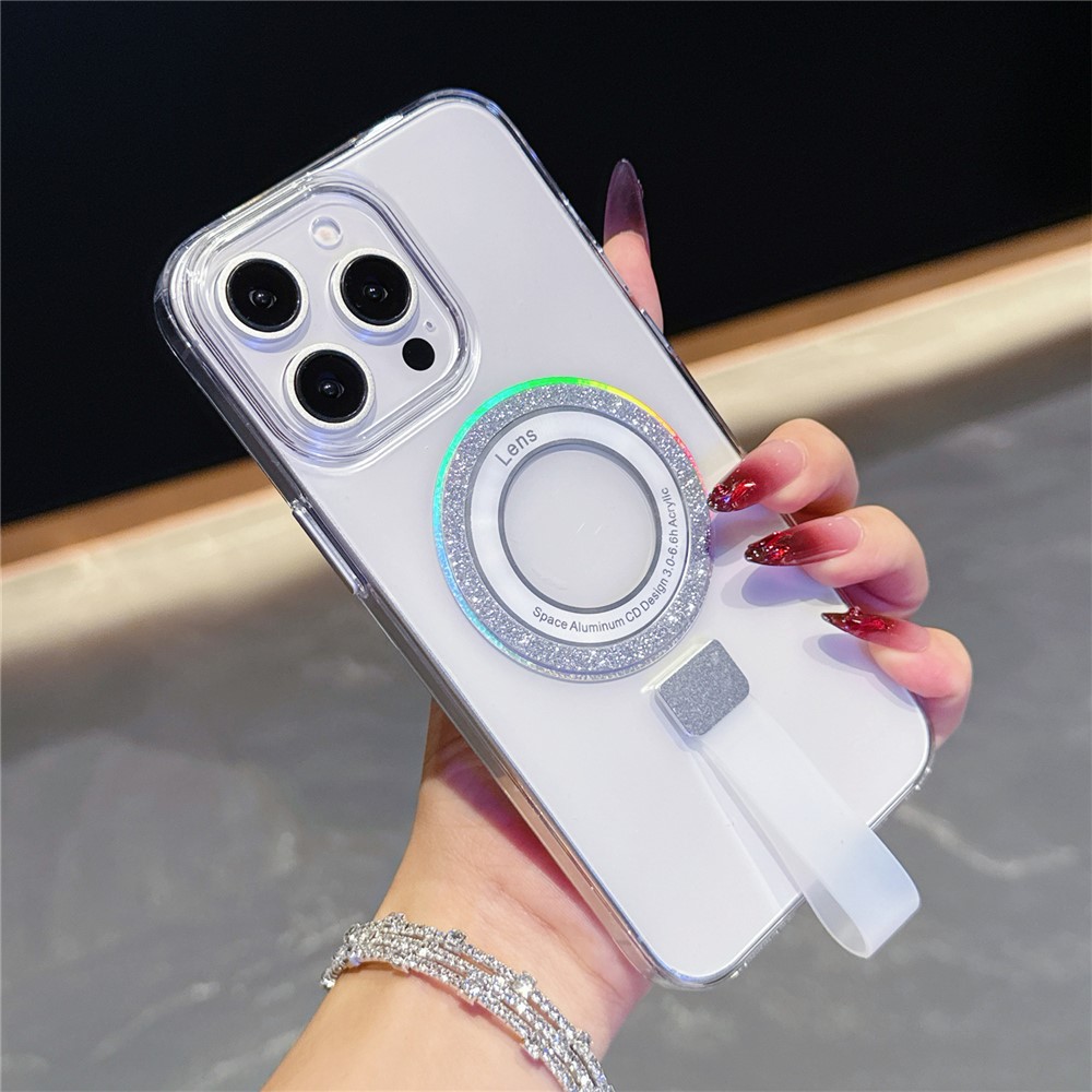For iPhone 15 Pro Max Magnetic Case with Handheld Strap Laser Glitter Clear PC Phone Cover - Silver
