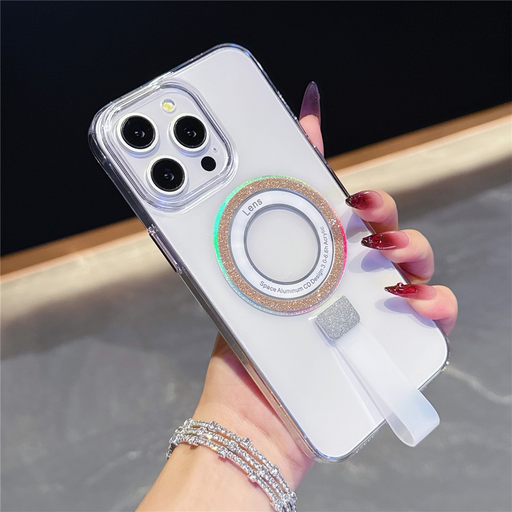 For iPhone 15 Pro Max Magnetic Case with Handheld Strap Laser Glitter Clear PC Phone Cover - Gold