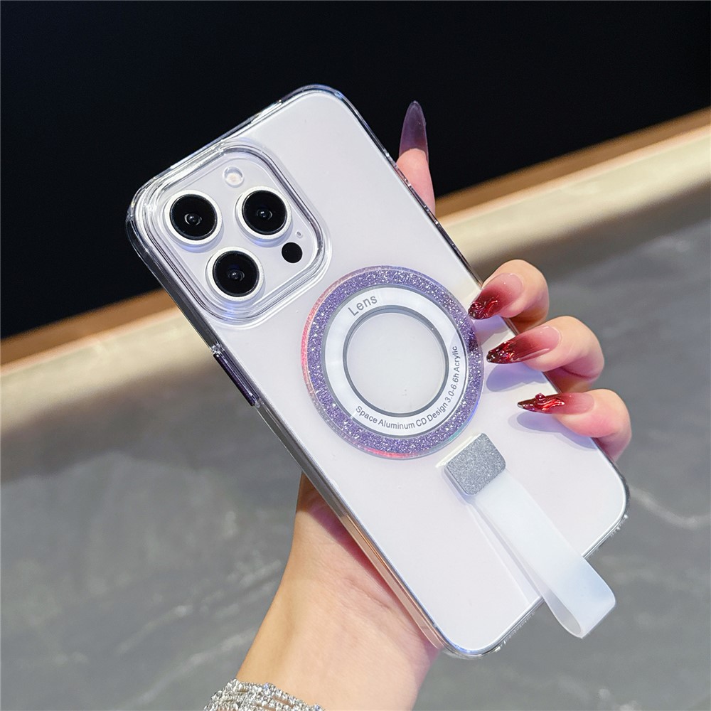 For iPhone 15 Pro Max Magnetic Case with Handheld Strap Laser Glitter Clear PC Phone Cover - Purple