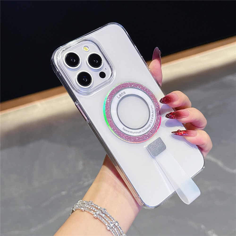 For iPhone 15 Pro Max Magnetic Case with Handheld Strap Laser Glitter Clear PC Phone Cover - Pink