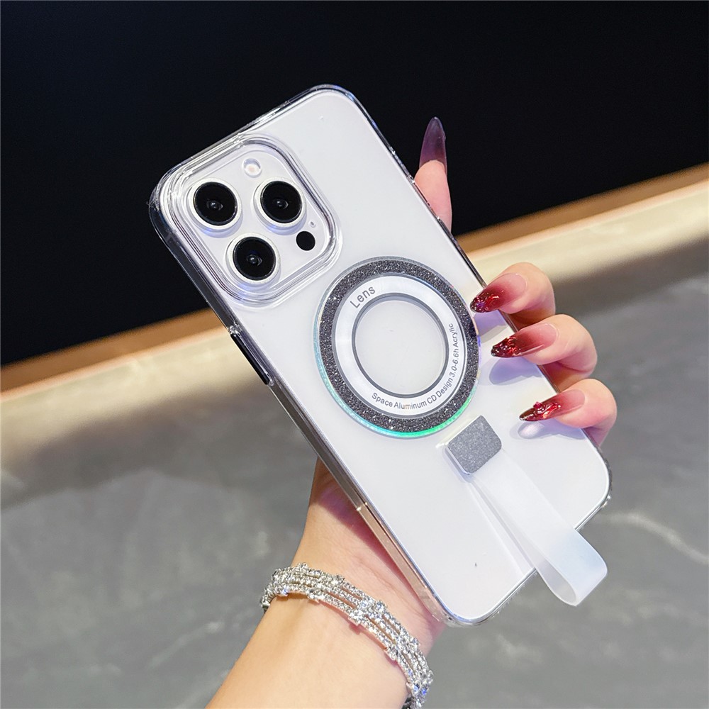 For iPhone 15 Pro Max Magnetic Case with Handheld Strap Laser Glitter Clear PC Phone Cover - Black