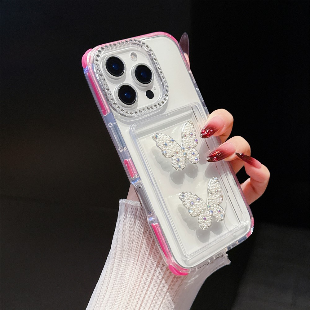 For iPhone 16 Pro Max Case Rhinestone Decor TPU + PC Phone Cover with Butterfly Card Holder - Rose