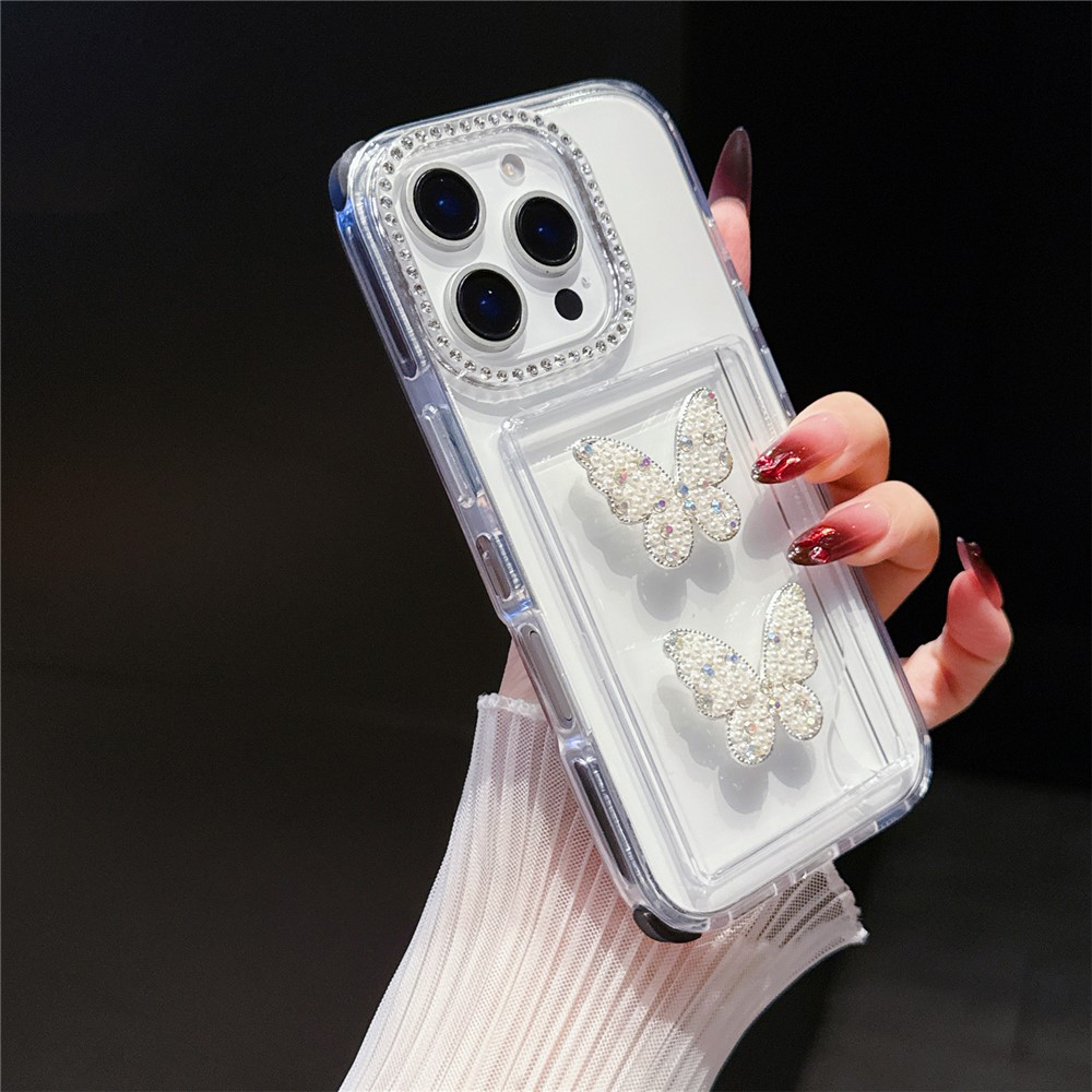 For iPhone 16 Pro Max Case Rhinestone Decor TPU + PC Phone Cover with Butterfly Card Holder - Black