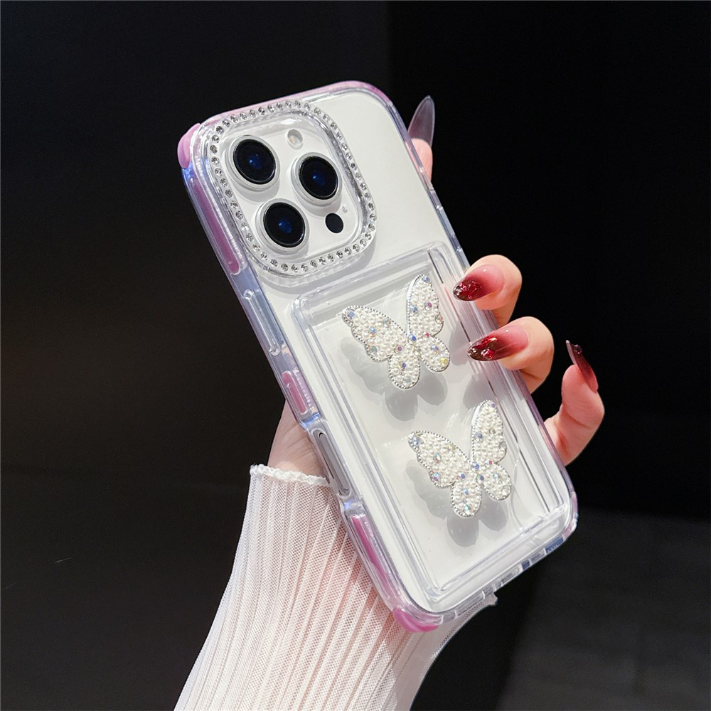 For iPhone 16 Pro Max Case Rhinestone Decor TPU + PC Phone Cover with Butterfly Card Holder - Plum
