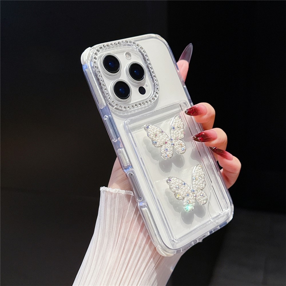 For iPhone 16 Pro Max Case Rhinestone Decor TPU + PC Phone Cover with Butterfly Card Holder - White