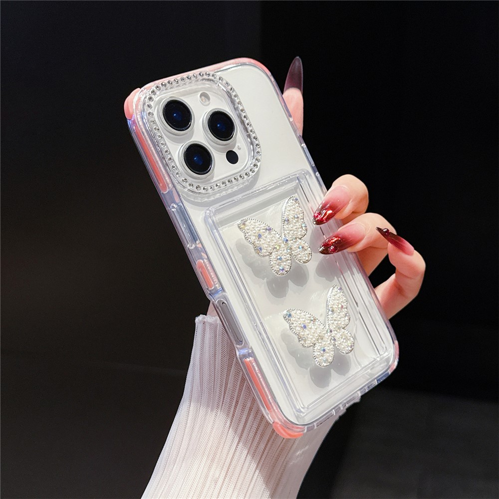 For iPhone 16 Pro Max Case Rhinestone Decor TPU + PC Phone Cover with Butterfly Card Holder - Pink