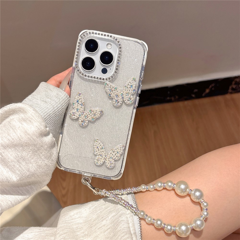 For iPhone 16 Pro Max Case Glitter Rhinestone Decor Butterfly TPU + PC Phone Case with Beaded Strap - White