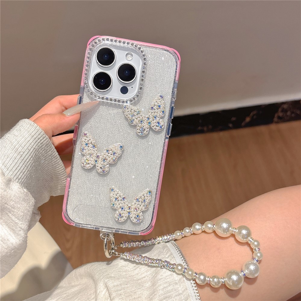 For iPhone 16 Pro Max Case Glitter Rhinestone Decor Butterfly TPU + PC Phone Case with Beaded Strap - Rose