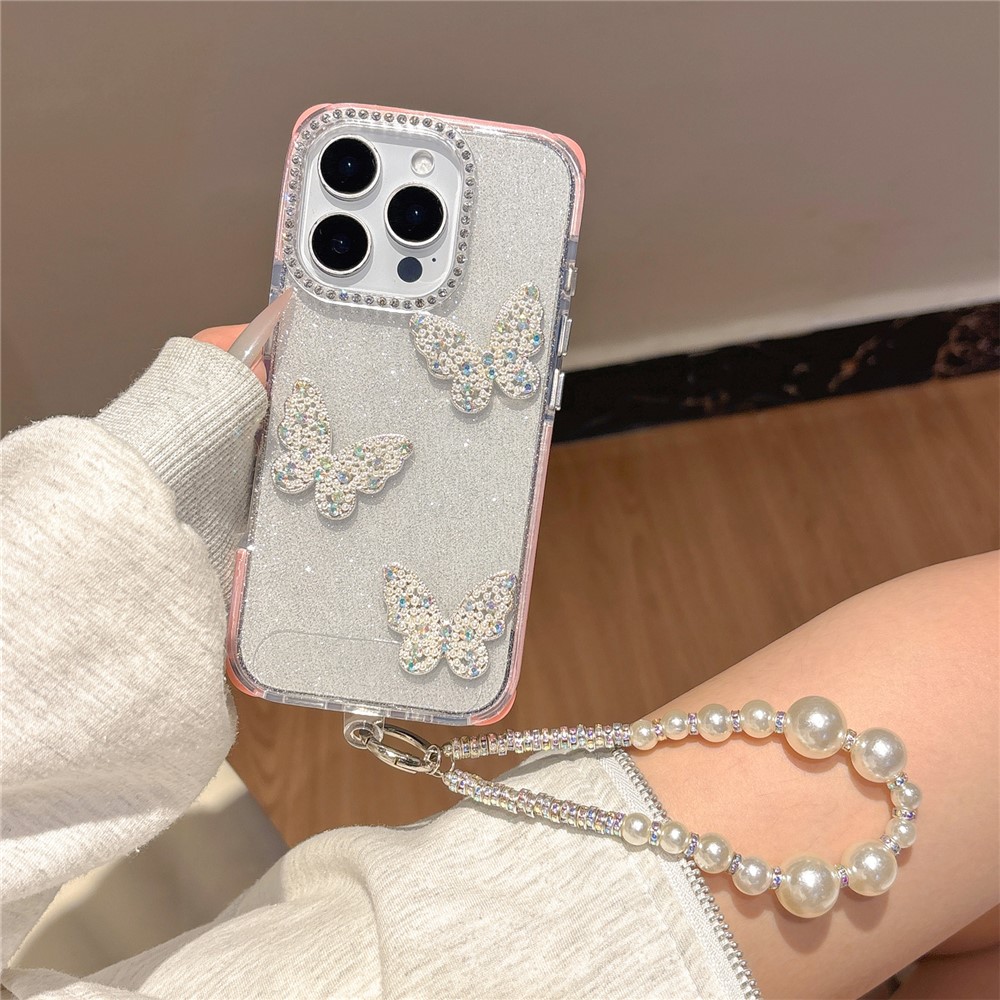 For iPhone 16 Pro Max Case Glitter Rhinestone Decor Butterfly TPU + PC Phone Case with Beaded Strap - Pink