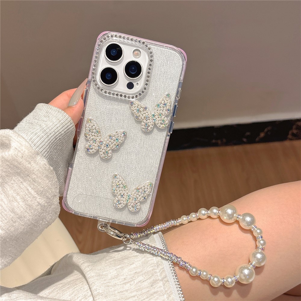 For iPhone 16 Pro Max Case Glitter Rhinestone Decor Butterfly TPU + PC Phone Case with Beaded Strap - Plum
