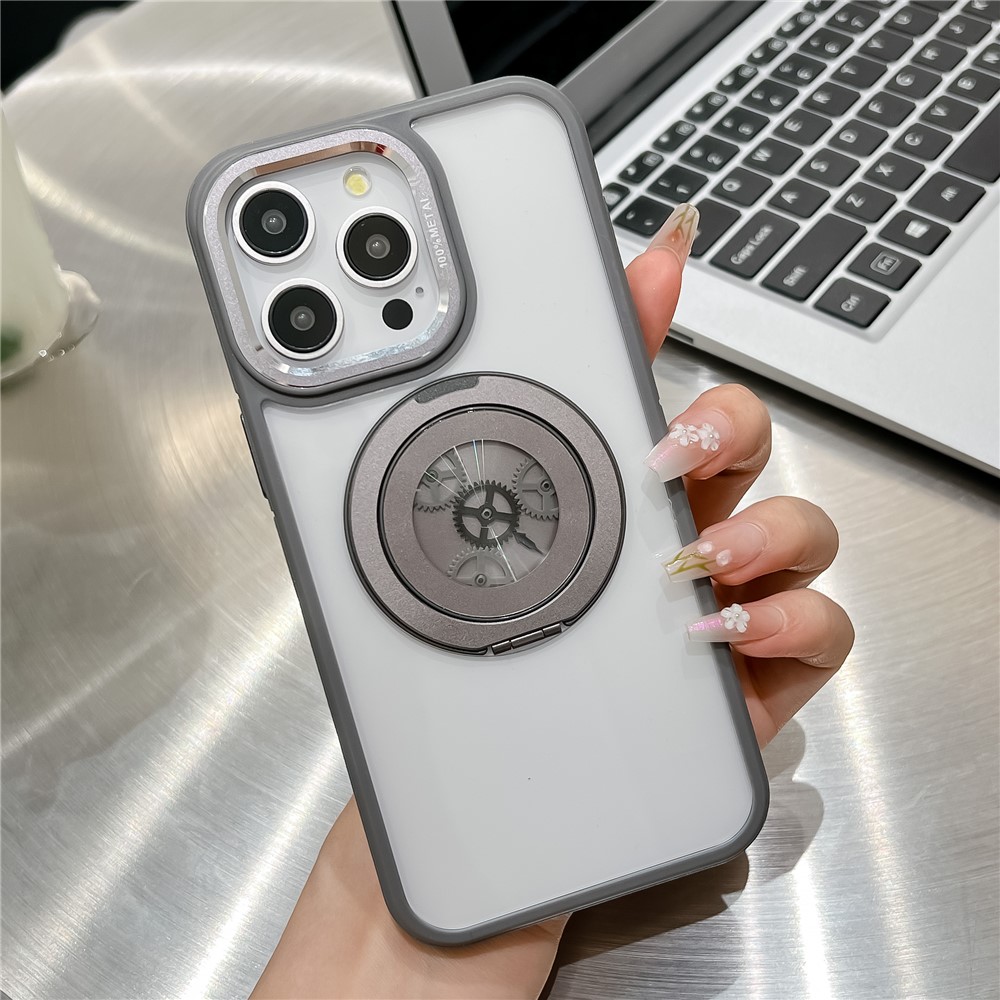 For iPhone 15 Pro Magnetic Case TPU + Acrylic Kickstand Phone Back Cover Relieve Stress Gear Design - Titanium Grey