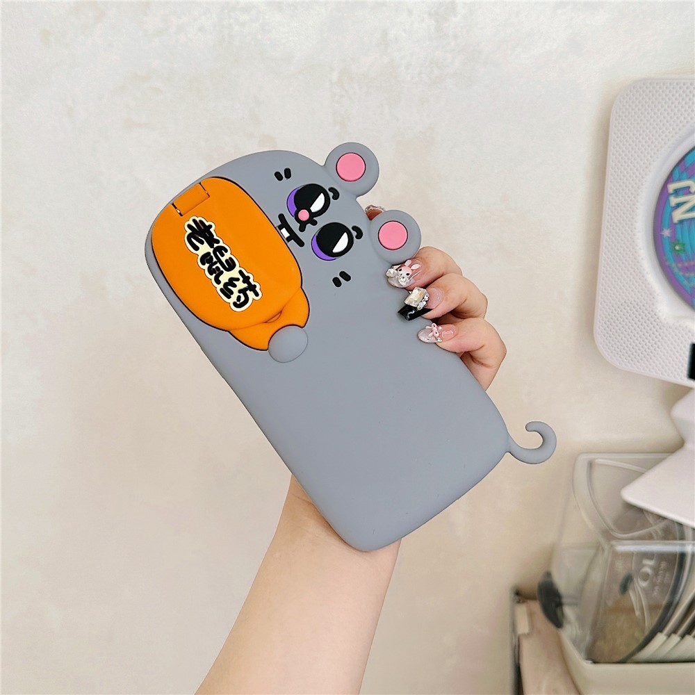 For iPhone 15 Silicone Case Cute Rat and Rat Poison Design Lens Cover Kickstand Phone Back Cover