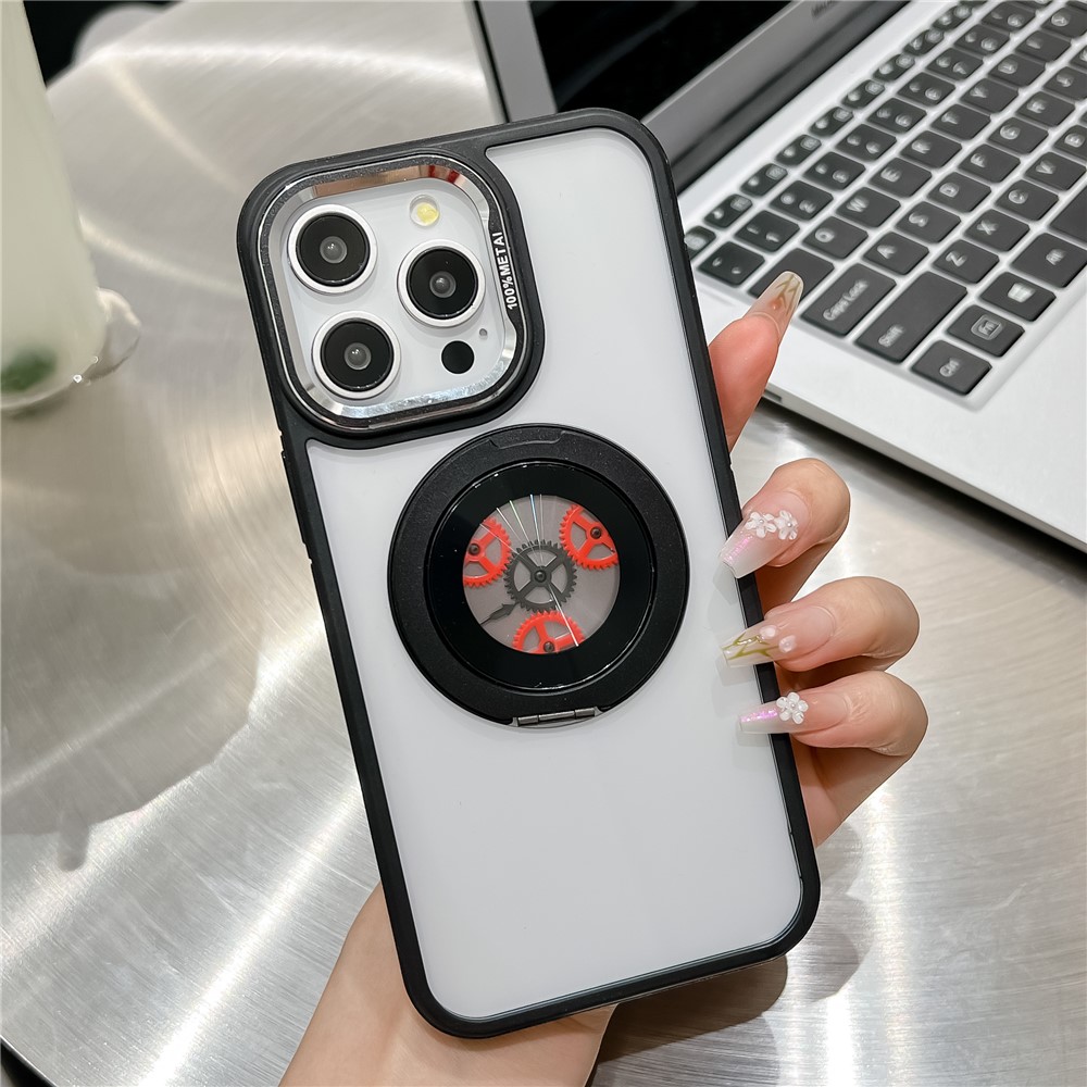 For iPhone 15 Pro Max Magnetic Case TPU + Acrylic Kickstand Phone Back Cover Relieve Stress Gear Design - Black