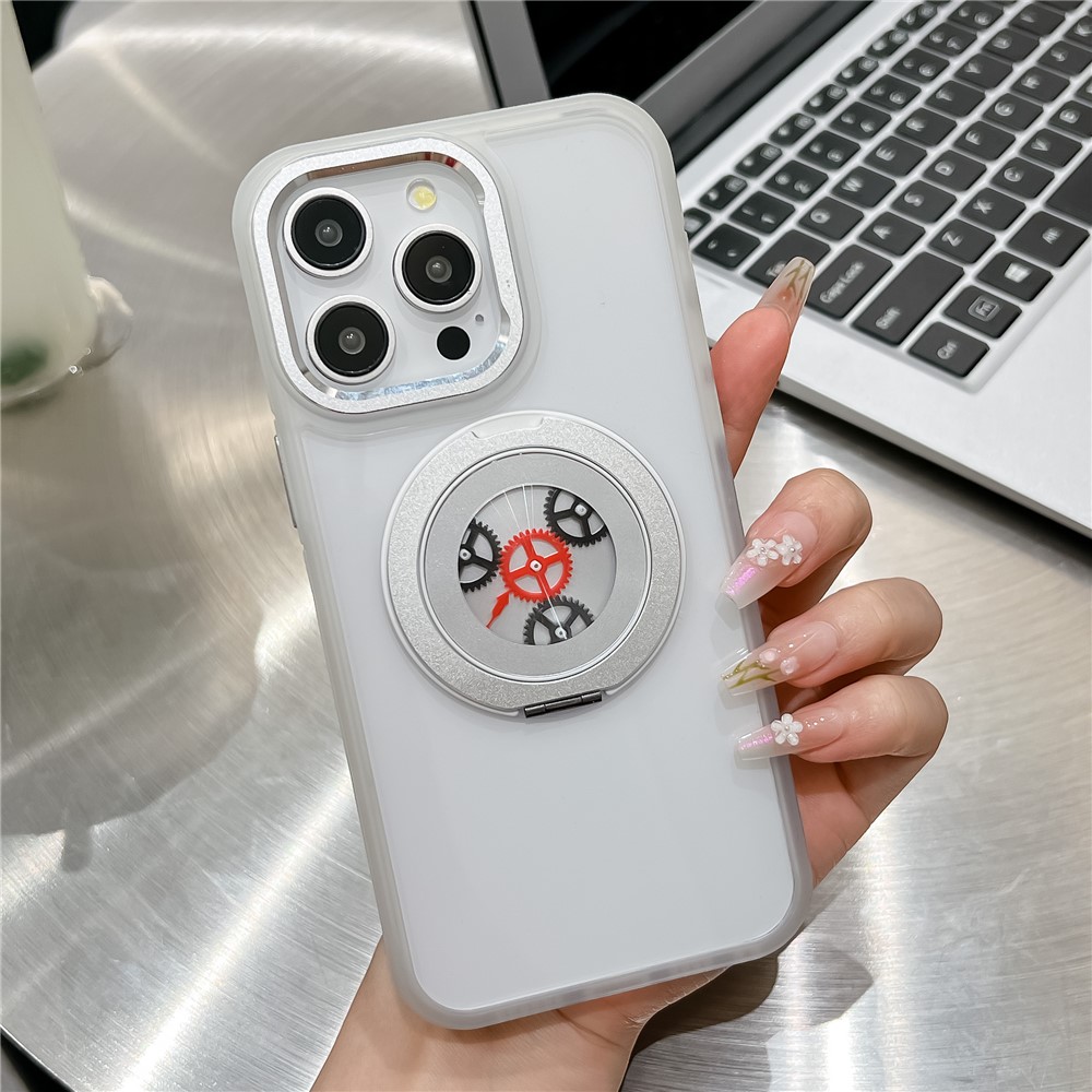 For iPhone 15 Pro Max Magnetic Case TPU + Acrylic Kickstand Phone Back Cover Relieve Stress Gear Design - White