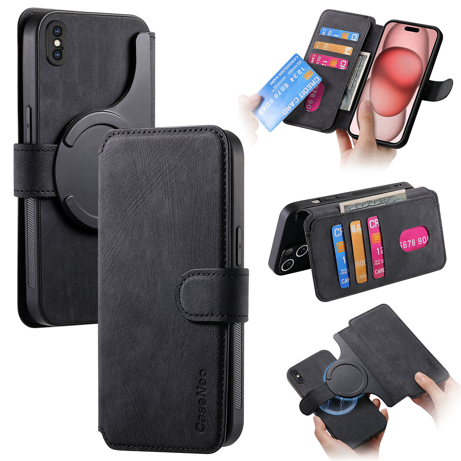 For iPhone XS Max 6.5 inch Magnetic Case CASENEO Detachable Leather Phone Wallet Cover - Black