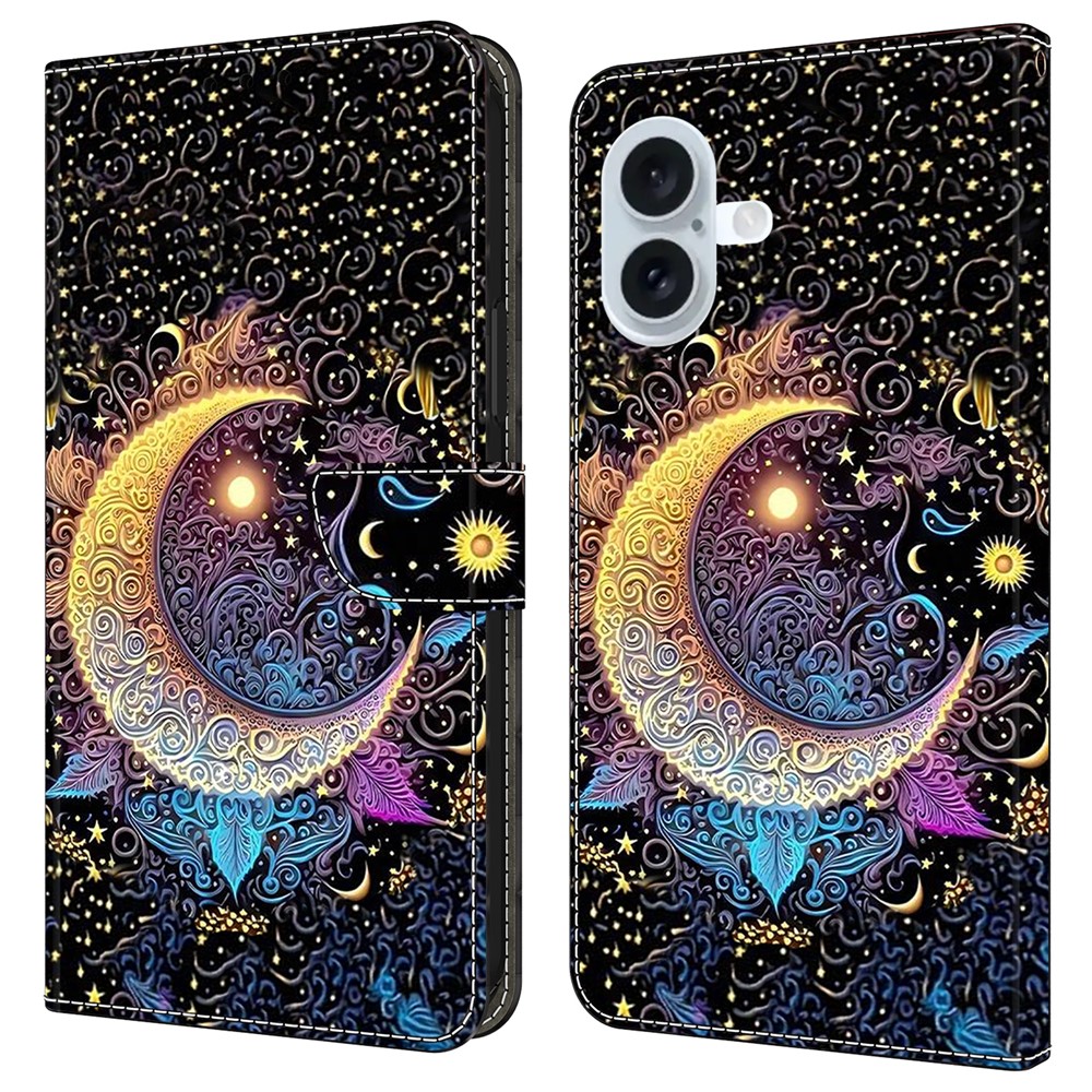 For iPhone 16 Plus Case Wallet Stand Pattern Printing PU Leather Flip Phone Cover - Bright Moon