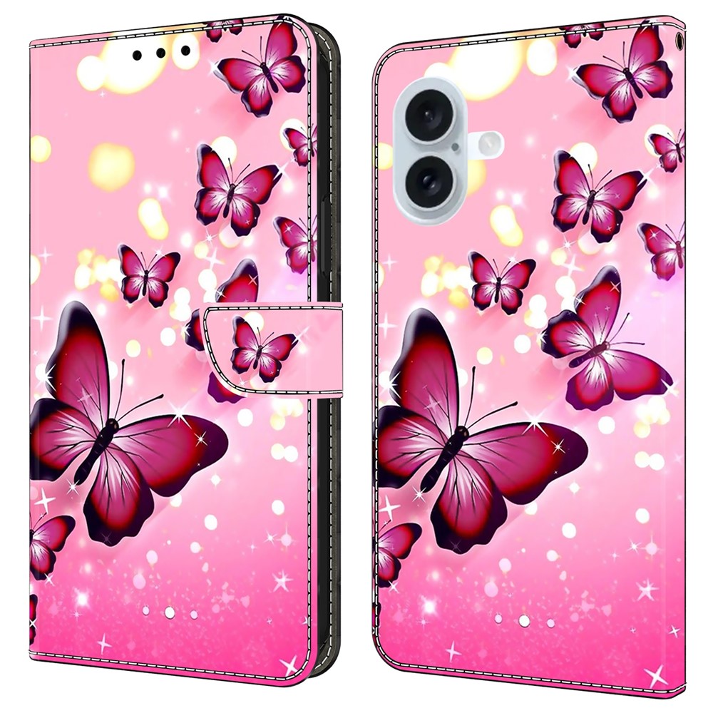 For iPhone 16 Plus Case Wallet Stand Pattern Printing PU Leather Flip Phone Cover - Pink Butterfly