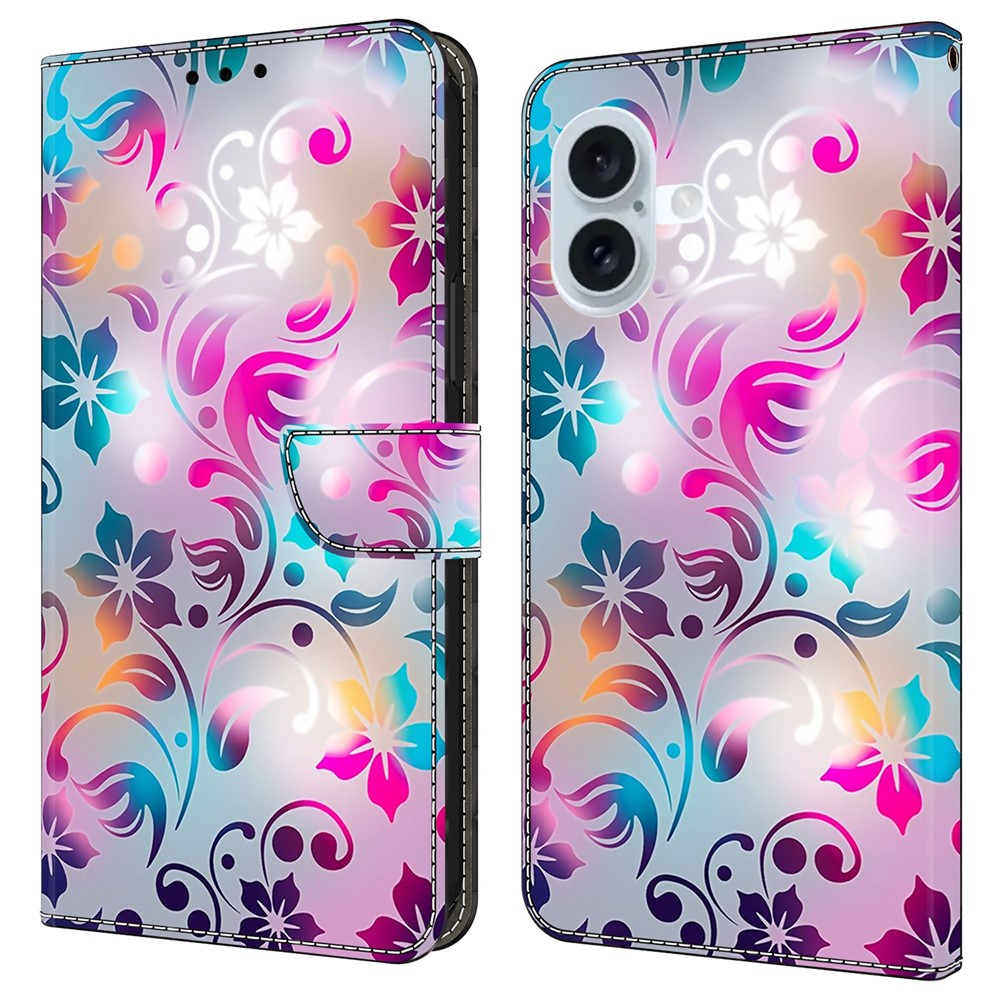 For iPhone 16 Plus Case Wallet Stand Pattern Printing PU Leather Flip Phone Cover - Craft Flowers