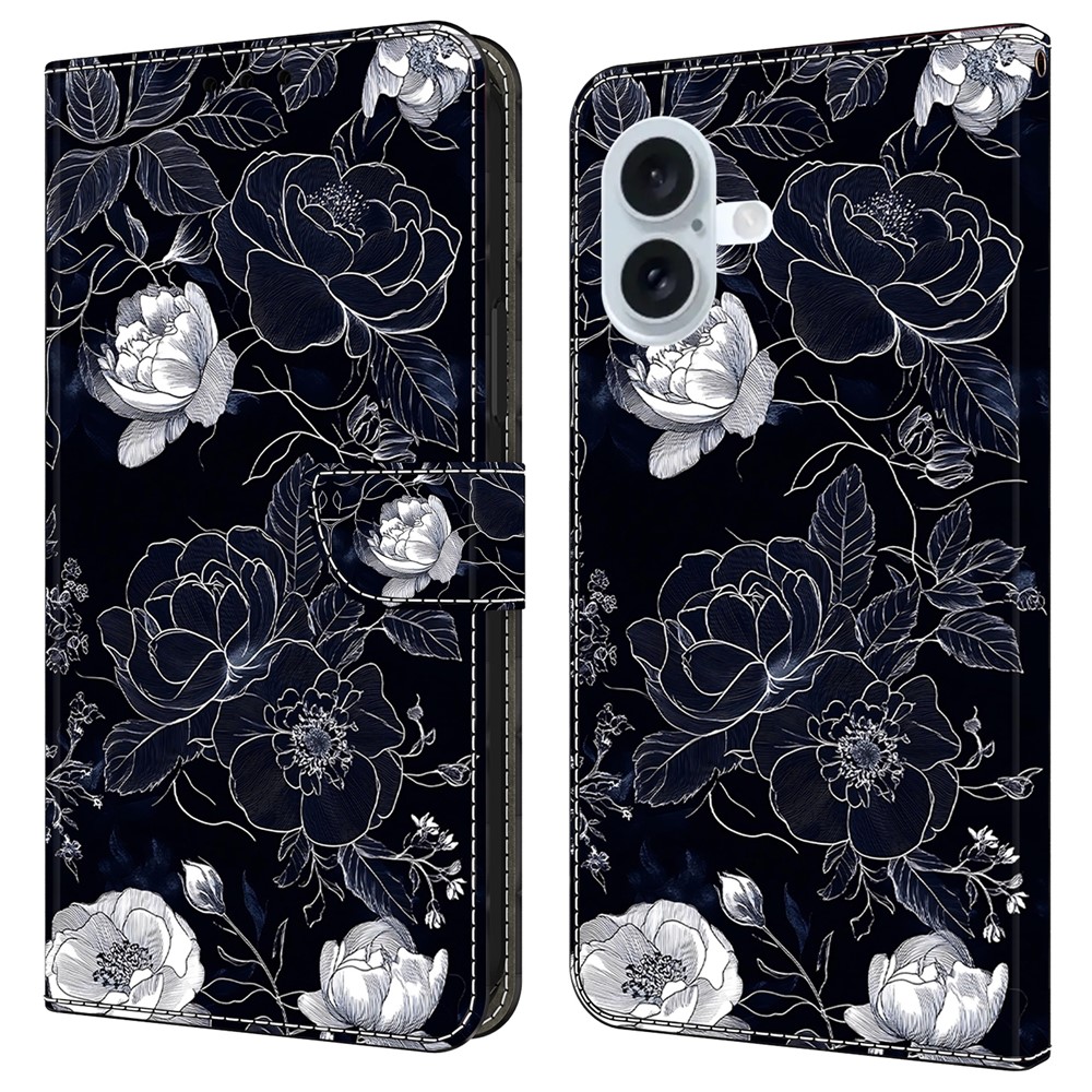 For iPhone 16 Plus Case Wallet Stand Pattern Printing PU Leather Flip Phone Cover - Vintage Flowers
