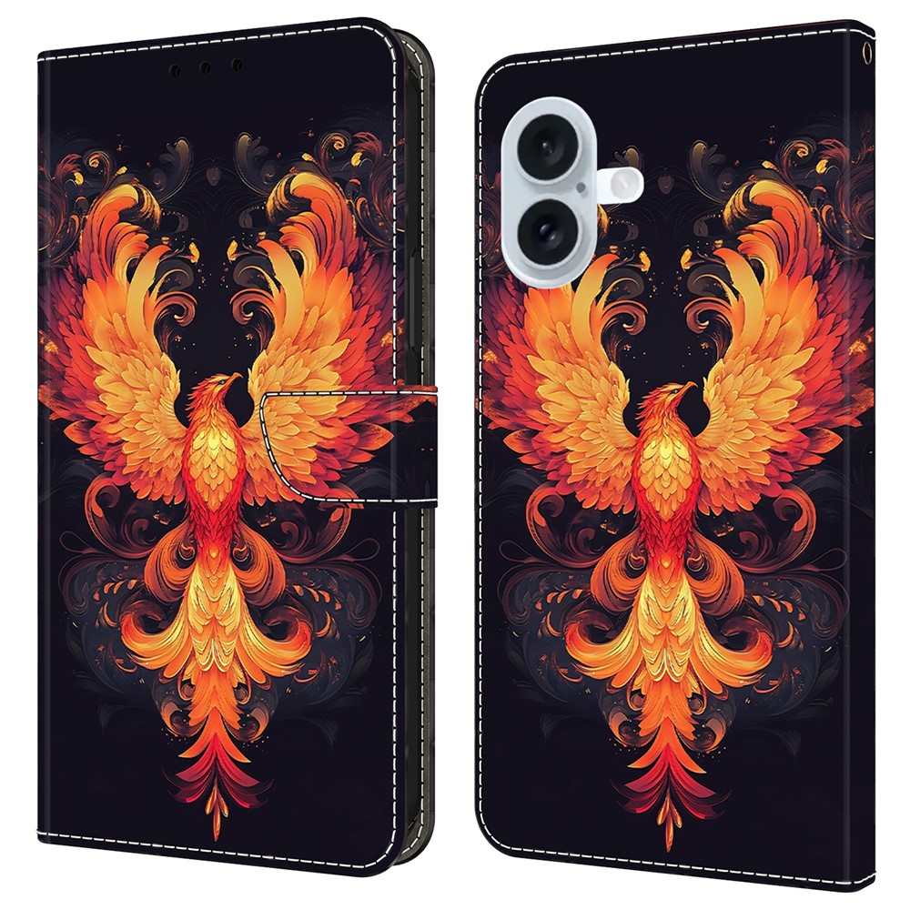 For iPhone 16 Plus Case Wallet Stand Pattern Printing PU Leather Flip Phone Cover - Flame Bird