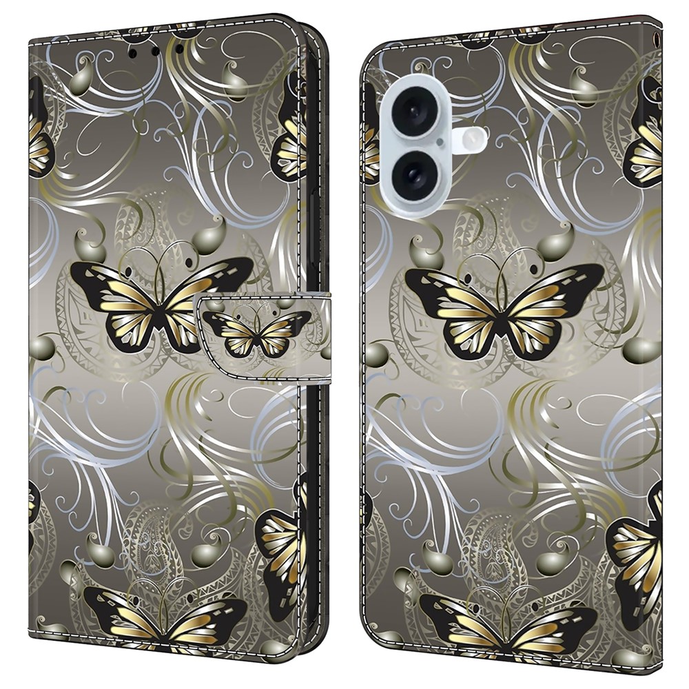 For iPhone 16 Plus Case Wallet Stand Pattern Printing PU Leather Flip Phone Cover - Lace Butterfly
