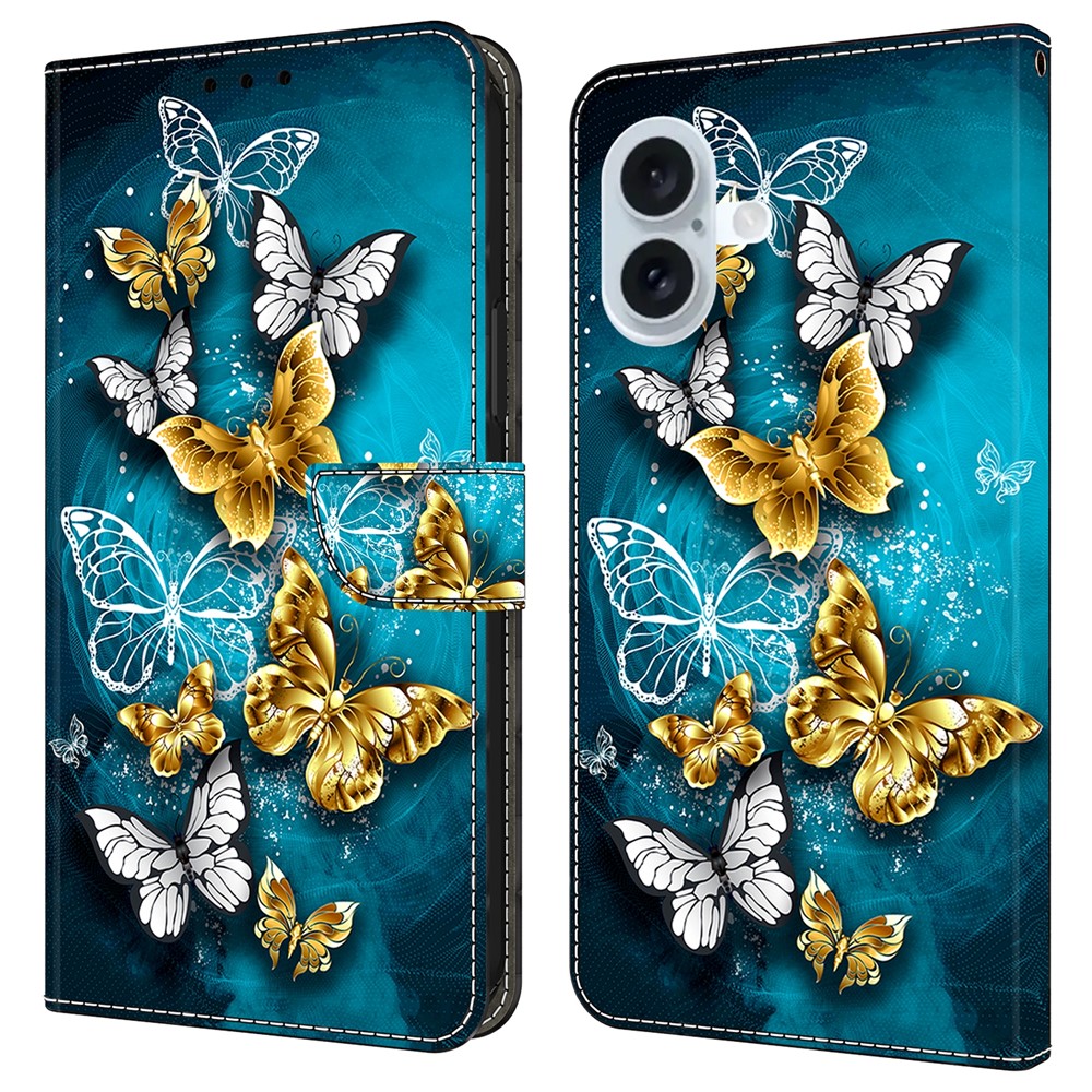 For iPhone 16 Plus Case Wallet Stand Pattern Printing PU Leather Flip Phone Cover - Gold Butterfly on Green