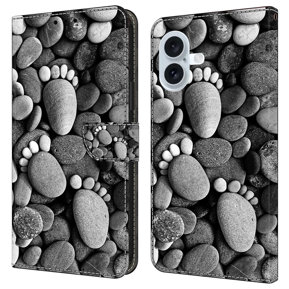 For iPhone 16 Plus Case Wallet Stand Pattern Printing PU Leather Flip Phone Cover - Stone Footprints