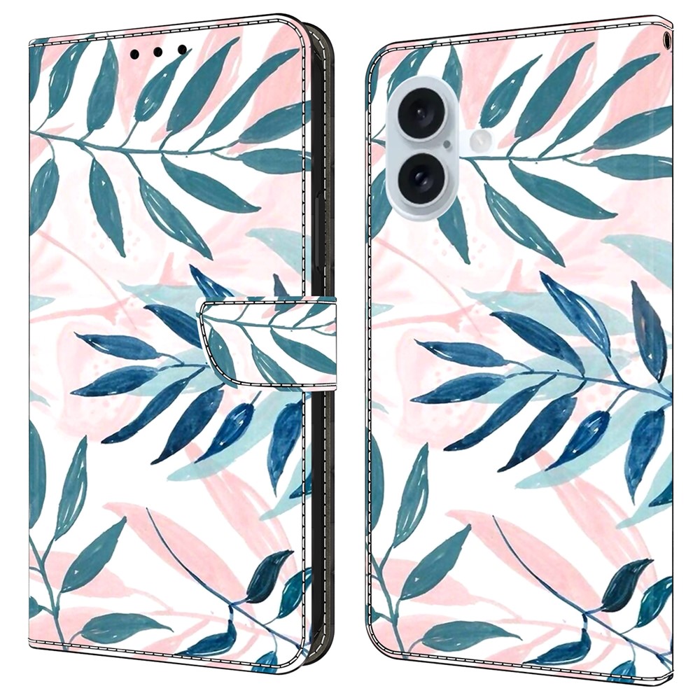 For iPhone 16 Plus Case Wallet Stand Pattern Printing PU Leather Flip Phone Cover - Watercolor Leaves