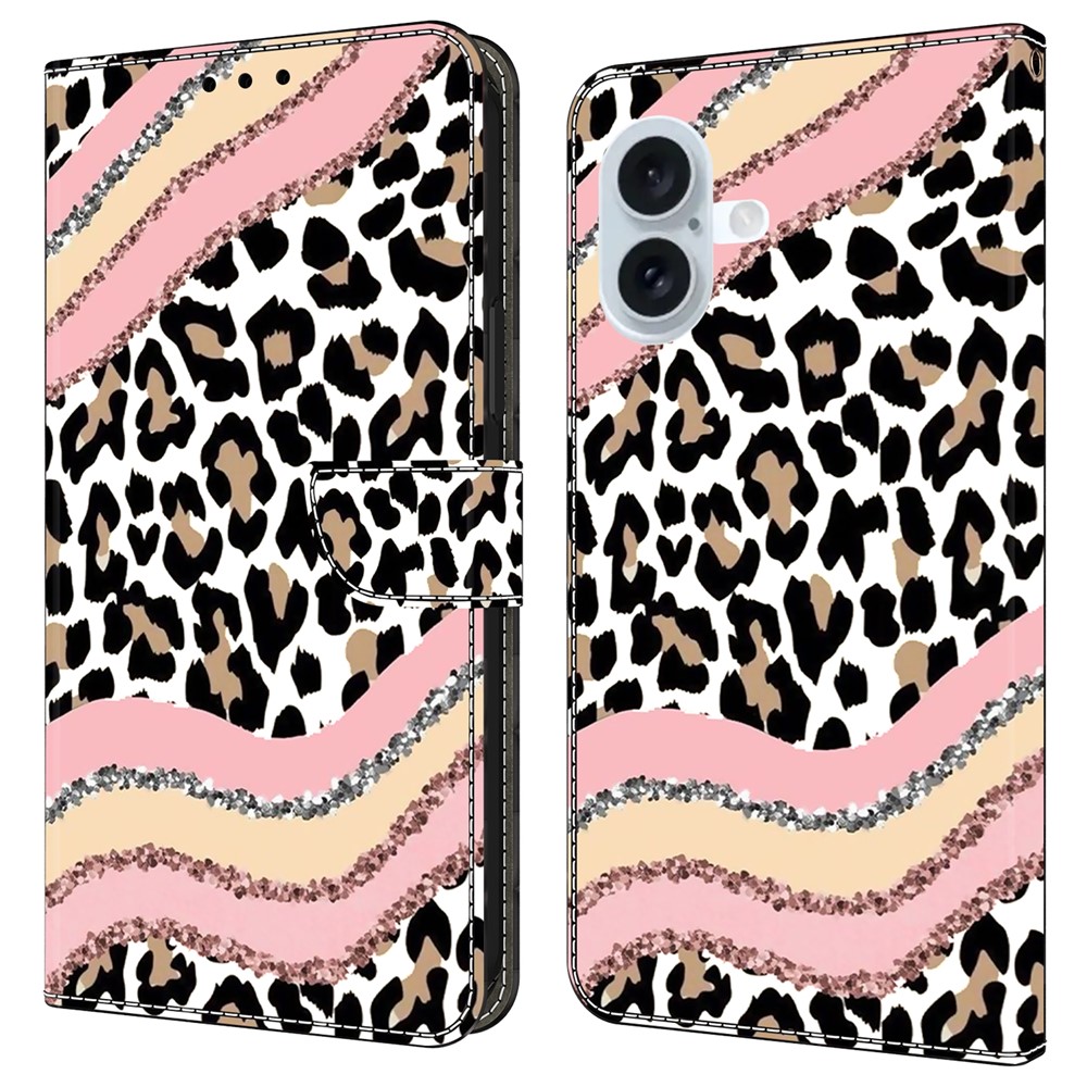 For iPhone 16 Plus Case Wallet Stand Pattern Printing PU Leather Flip Phone Cover - Striped Leopard