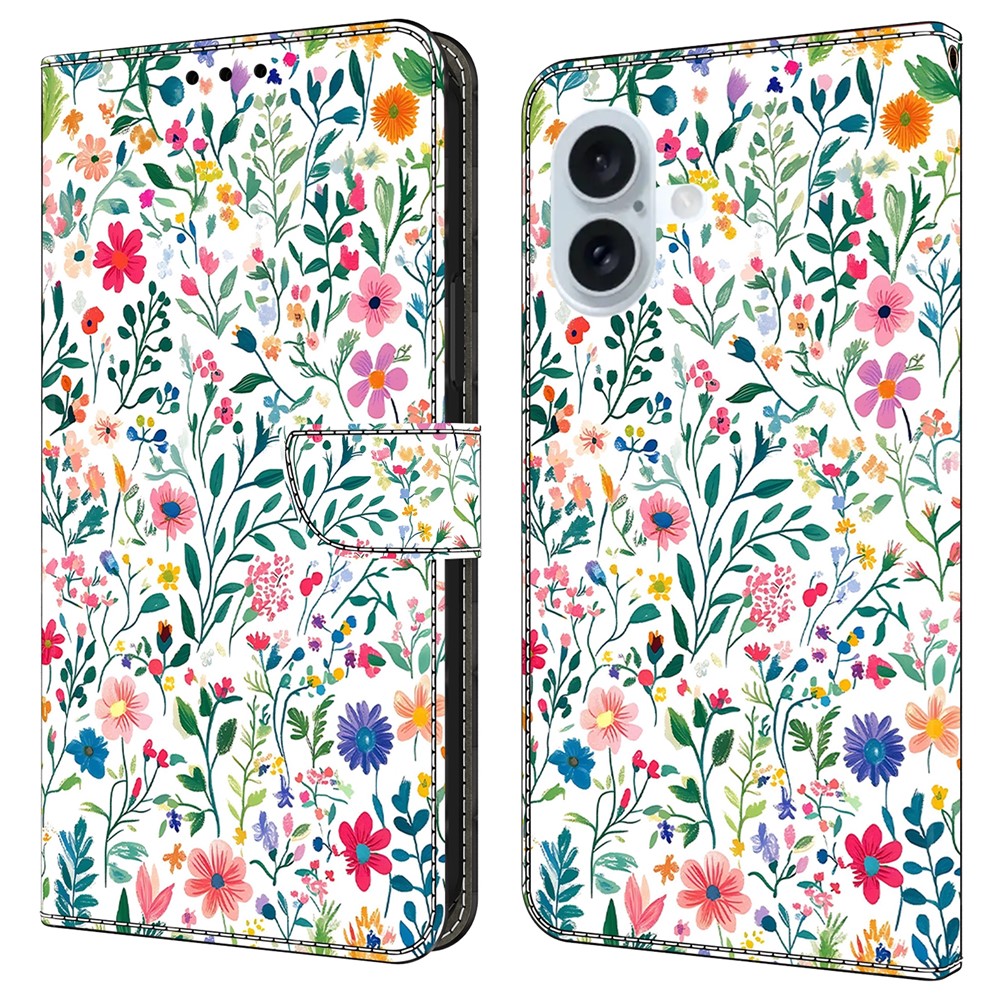 For iPhone 16 Plus Case Wallet Stand Pattern Printing PU Leather Flip Phone Cover - Small Flowerbed